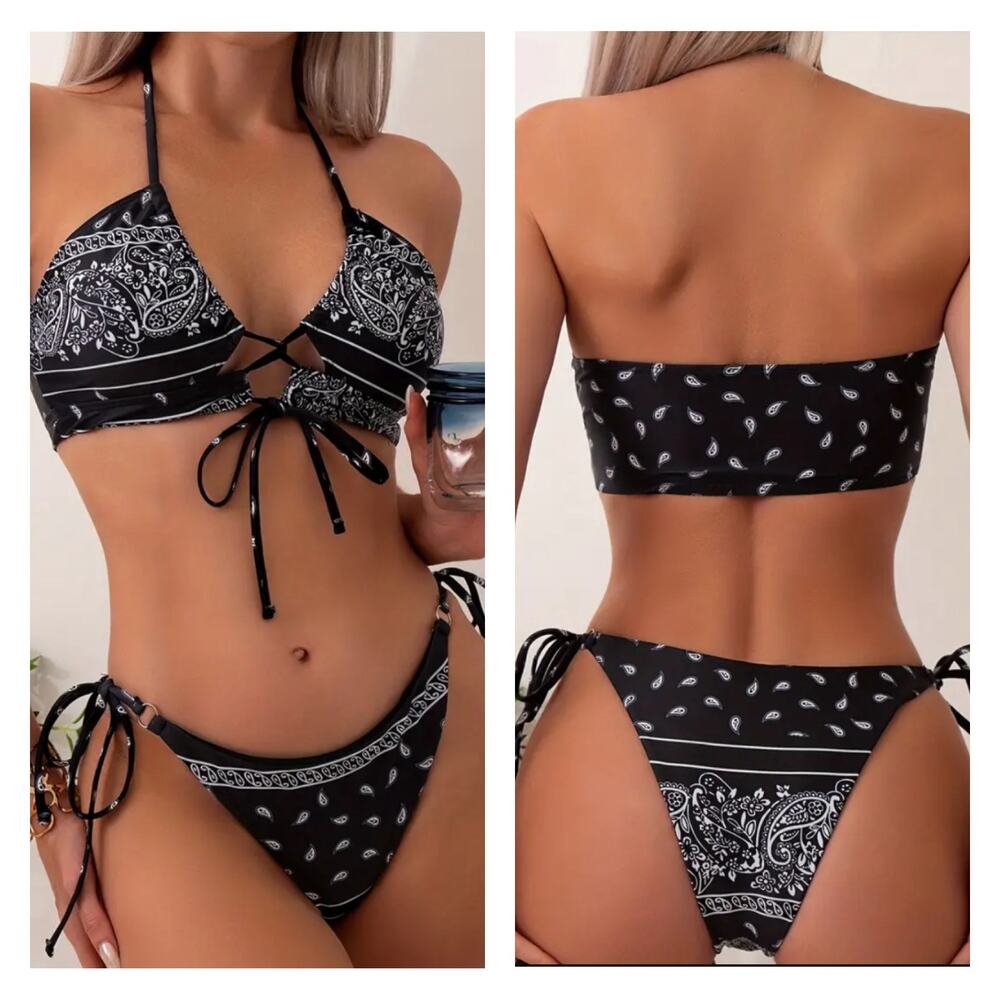Black and White Paisley Halter Neck Centre Core Tie String Bikini SMALL